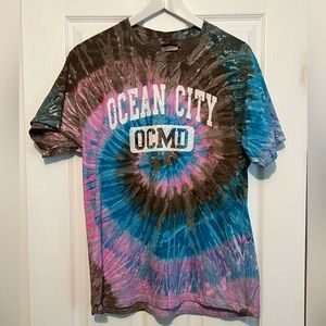 EUC Ocean City Maryland tshirt - blue pink and brown tie dye- size L